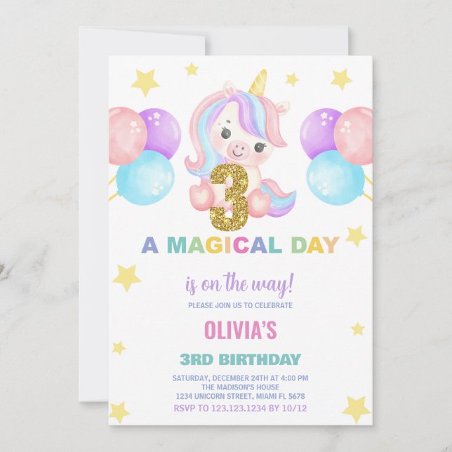 aniversário de 3 anos Unicorn - Convites de Aniver (Frente)