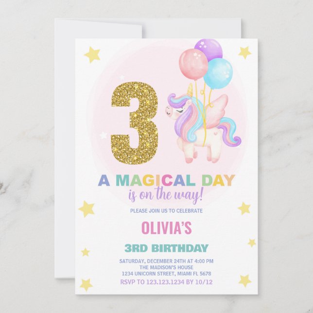 aniversário de 3 anos Unicorn - Convites de Aniver (Frente)