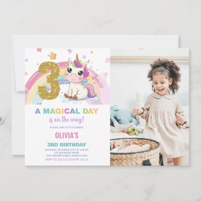 aniversário de 3 anos Unicorn - Foto de convites d (Frente)