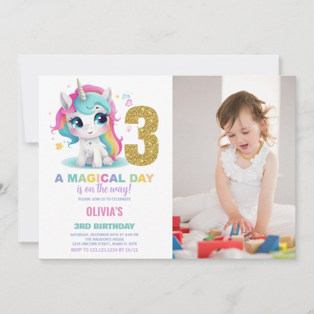 aniversário de 3 anos Unicorn - Foto de convites d (Frente)