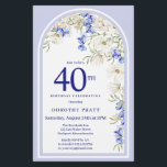 Aniversário de 40 anos Azul Branco Orçamento Convi<br><div class="desc">O modelo Elegante aniversário de 40 anos apresenta um arco floral Boho feito de margaridas brancas e flores silvestres azuis. Este elemento faz parte da Coleção Floral de Azul e Branco da Arca de Boho.</div>