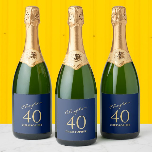 aniversário de 40 anos Azul Dourado Capítulo 40 (Personalized 40th birthday sparkling wine / champagne labels for that special party touch)