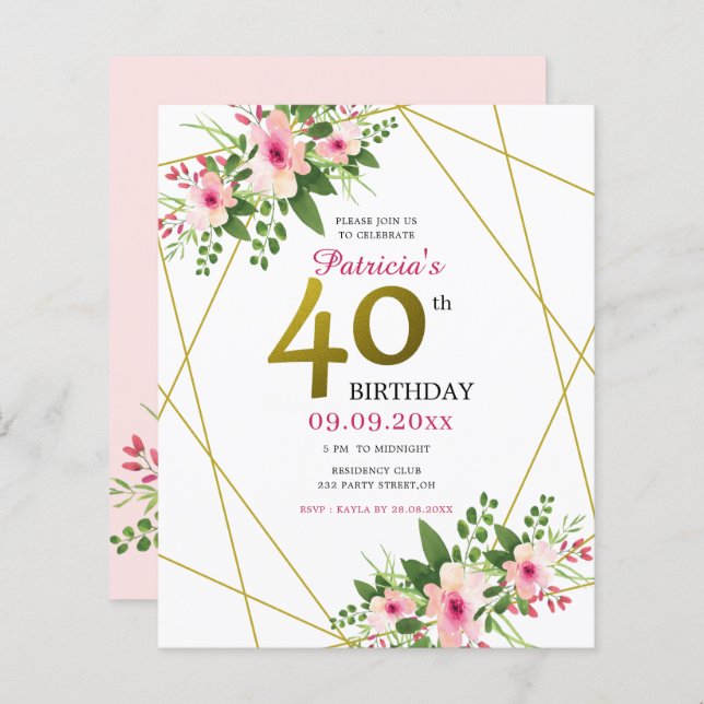 Aniversário de 40 anos Brilhante Dourado Cor-de-Ro (Frente/Verso)