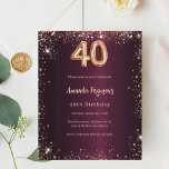 aniversário de 40 anos burgundy rosa ouro convite<br><div class="desc">Para um aniversário de 40 anos elegante. Uma cor de fundo de gradiente burguês. Decorado com pó brilhante de ouro rosa. Personalize e adicione um nome e detalhes da parte. O nome é escrito com um script de estilo manuscrito. 1 folha = 1 convite impresso de borda a borda.</div>