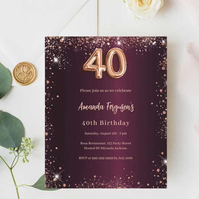 aniversário de 40 anos burgundy rosa ouro convite (Criador carregado)