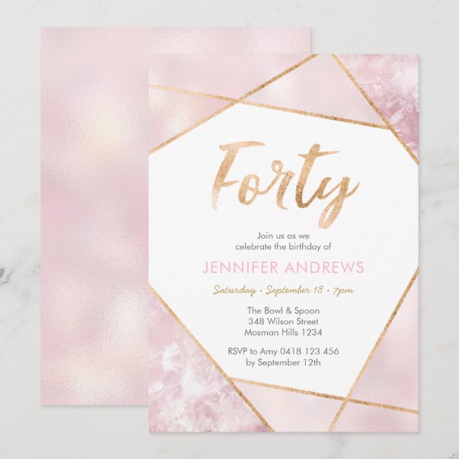 aniversário de 40 anos Convite Geo rosa e ouro (Frente/Verso)