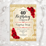 aniversário de 40 anos - Convite para Rosas de fai<br><div class="desc">Convite para aniversário de 40 anos. Design elegante em ouro e vermelho. Apresenta faixas de ouro com brilho sutil,  fonte de script do rosa vermelha na moda e confetti. Perfeito para uma festa de aniversário de vidro.</div>