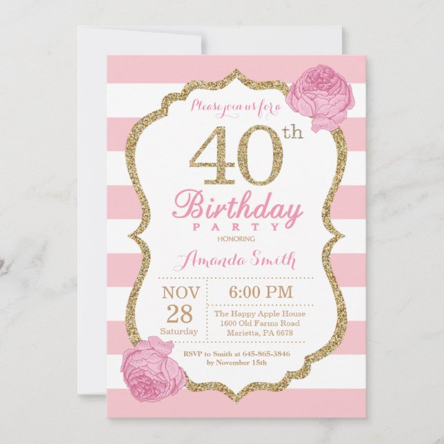 aniversário de 40 anos - Convite Rosa e Dourado Fl (Frente)
