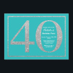 aniversário de 40 anos Convite Teal e Glitter Prat<br><div class="desc">Convite para aniversário de 40 anos. Festa de aniversário de Lixo Teal e Silver Convide com Fundo Teal. Surpresa Aniversário. Aniversário Adulto. Homens ou Mulheres no Bday Bash Party.
Para mais personalização,  clique no botão "Personalizar" e use a ferramenta design para modificar este modelo.</div>