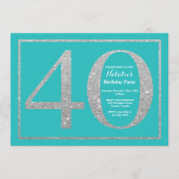 aniversário de 40 anos Convite Teal e Glitter Prat