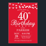 aniversário de 40 anos Convite Vermelho<br><div class="desc">aniversário de 40 anos com luzes de cordas. Fundo Vermelho. 13 15 16º 18º 20 21rua 30 40º 50º 60º 80 de 70 100º,  qualquer idade. Para mais personalização,  clique no botão "Personalizar" e use nossa ferramenta de design para modificar este modelo.</div>