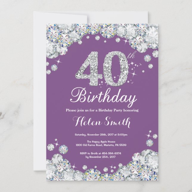 aniversário de 40 anos de Convite Purple e Silver  (Frente)