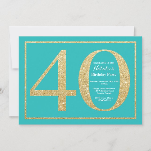 aniversário de 40 anos de Convite Teal e Glitter D (Frente)