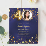 aniversário de 40 anos de marinho de foto de estre<br><div class="desc">Um convite para fotos moderno e na moda para uma festa de aniversário de 40 anos. Um fundo azul marinho,  decorado com estrelas. A cor azul é irregular. Personalize e adicione sua foto e detalhes da festa. 1 folha = 1 convite impresso de borda a borda.</div>