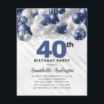 Aniversário de 40 anos do Balão de Silver Azul de<br><div class="desc">Marinho Glam Moderno Balão Azul Prata Brilhante Brilhante Qualquer Convite De Aniversário De Idade</div>