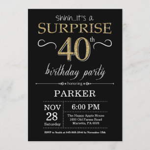 Aniversário de 40 anos Surpresa de Convite Preto e