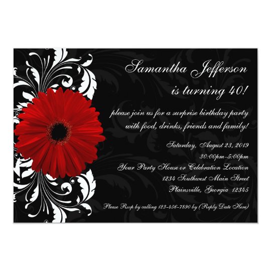 Aniversário de 40 anos vermelho, preto e branco da convite 12.7 x 17.78cm