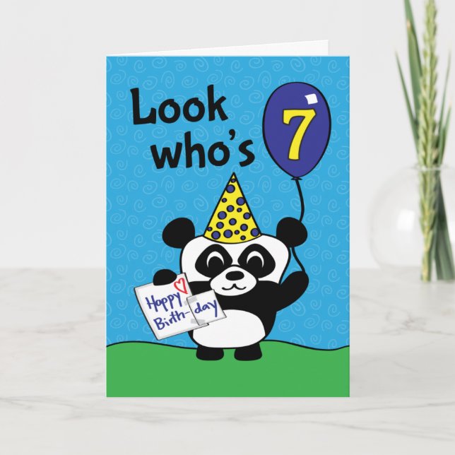 Aniversário de 7 - Menino Panda com Balão e Cartão (Frente)