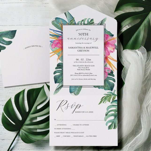 Aniversário de Casamento da Flor Tropical 50 (50th wedding anniversary invitations with rsvp watercolor tropical floral art Victoria Grigaliunas)