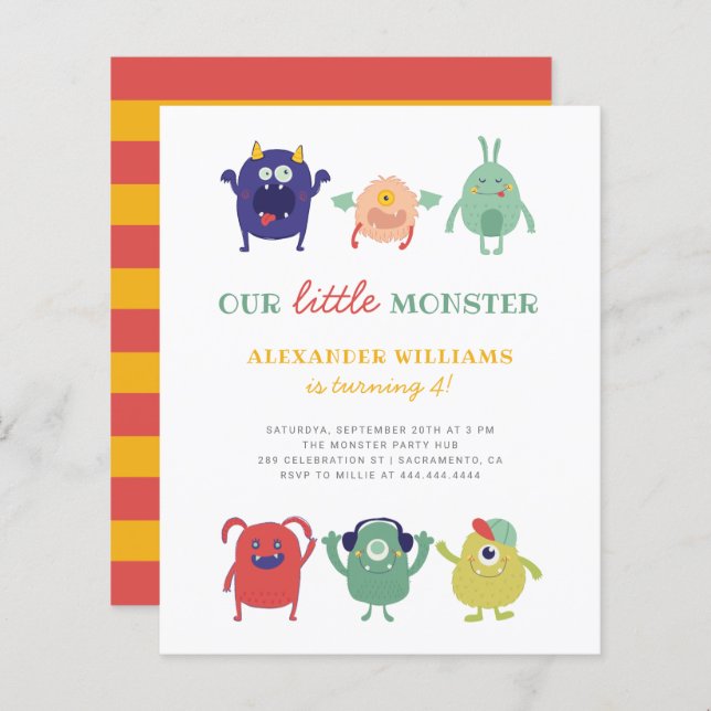Aniversário de criança Colorido de Pequeno Monstro (Frente/Verso)