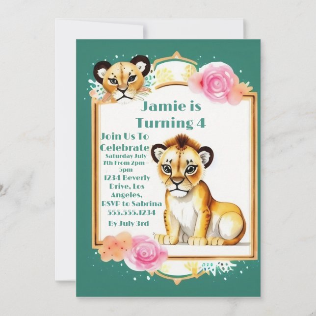 Aniversário de criança com um convite para leões (Frente)