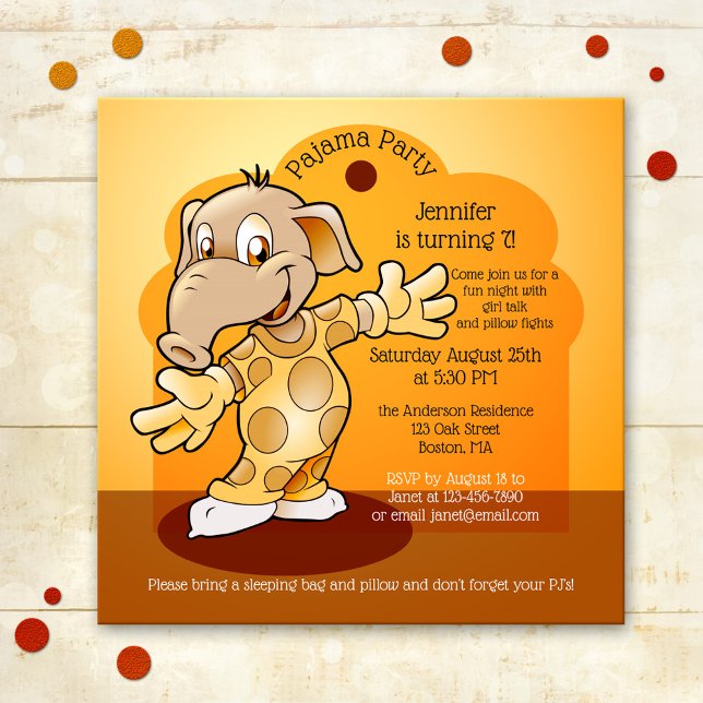 Aniversário de criança Slumber ou Convite de festa (A colorful pajama child birthday invitation with a cute elephant, fun girl talk and pillow fights)