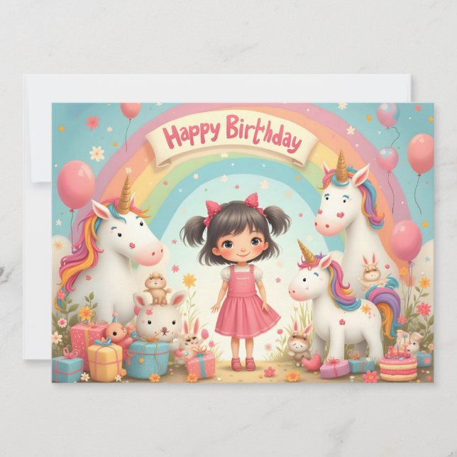 Aniversário de Menina com Unicórnios & Arco-íris (Frente)