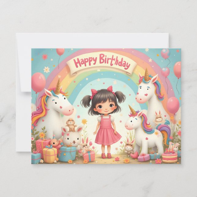 Aniversário de Menina com Unicórnios & Arco-íris (Frente)