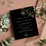Aniversário de ouro negro em ouro floral convite o<br><div class="desc">Um convite de aniversário moderno,  elegante e minimalista. Um fundo de cor preta decorado com falsos florais de ouro. Personalize e adicione seu nome e detalhes da festa.</div>