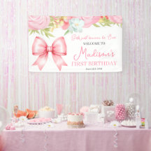 Aniversário de Um Ano da Menina com Laço Rosa Fofi