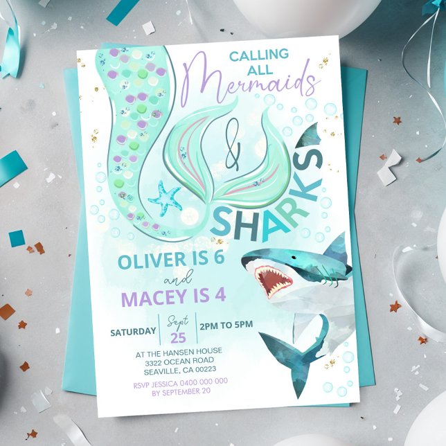 Aniversário do Convite Conjunta de Aniversário de  (Mermaid Shark Birthday Invitation. Joint boy girl birthday invitation)