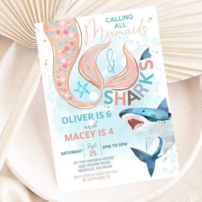 Aniversário do Convite Conjunta de Aniversário de  (Mermaid and Shark Birthday Invitation. Perfect invitation for pool parties, beach parties and more)