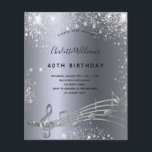 Aniversário do orçamento, a música prateada anota<br><div class="desc">Uma placa moderna de convite de festas aniversário de 40 anos. Um fundo metálico de aspecto negro e prateado,  com notas musicais,  letras negras coloridas. Decorado com pó de brilho falso. Personalize e adicione um nome e informações da parte.</div>