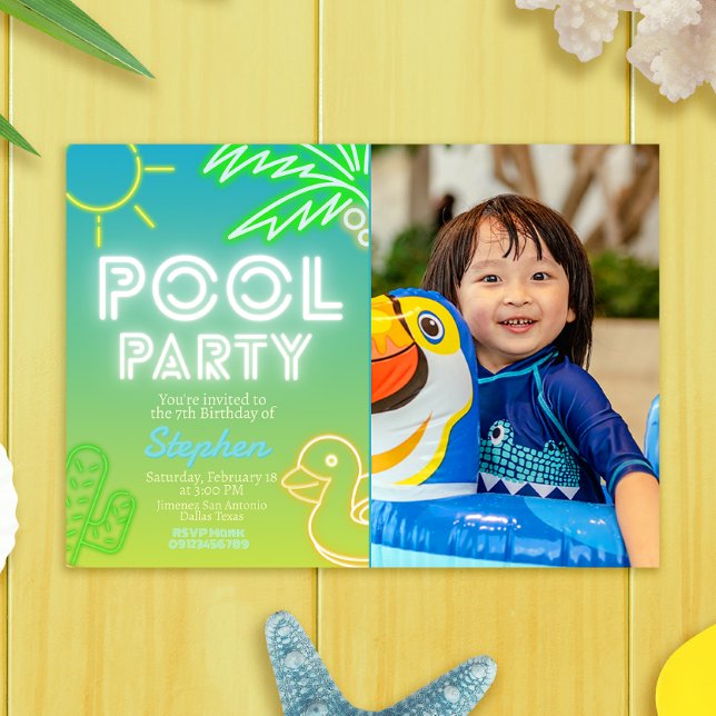 Aniversário do piscina Party Boy com Convite Fotog (Pool Party Boy Birthday with Photo Picture Landscape Invitation)