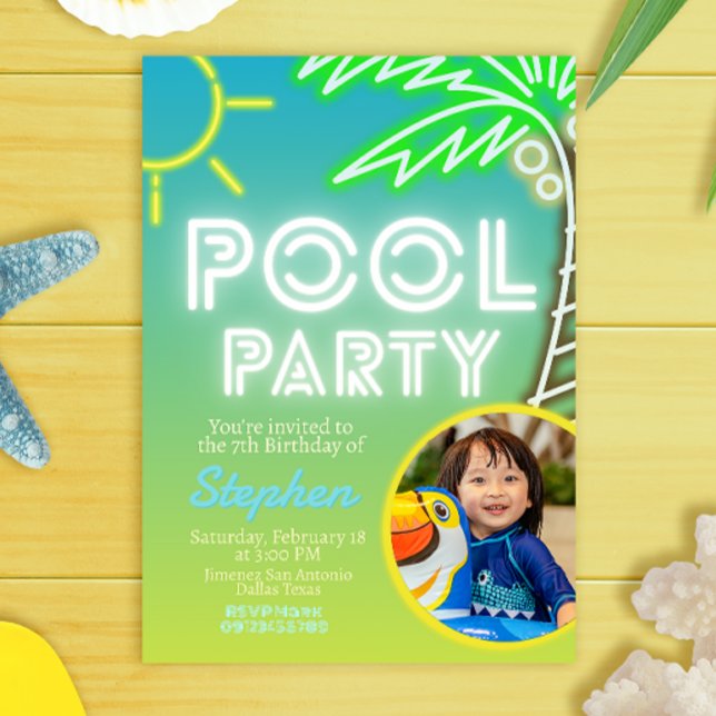Aniversário do piscina Party Boy com Convite Fotog (Pool Party Boy Birthday with Photo Picture Invitation)
