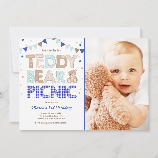 Aniversário do Teddy Bear Picnic Boy Convite Blue (Frente)