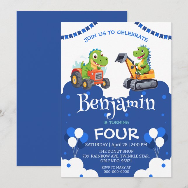 Aniversário do trator de dinossauro cava balão de  (Frente/Verso)