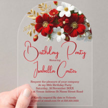 Aniversário Elegante Floral Vermelho Branco Dourad