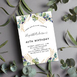 Aniversário eucalipto verde-verde convite elegante<br><div class="desc">Para uma festa de aniversário de 40ª (ou qualquer idade). Um fundo branco decorado com verde de eucalipto e folhas de ouro. Personalize e adicione seus nomes e detalhes do casamento. Letras pretas e ouros coloridas.</div>