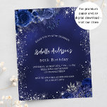 Aniversário marinho azul floral convite orçamental<br><div class="desc">Um fundo azul marinho,  decorado com falso brilho prateado,  faíscas e flores azuis. A cor azul é irregular. Personalize e adicione um nome e detalhes da parte. 1 folha = 1 convite impresso de borda a borda</div>