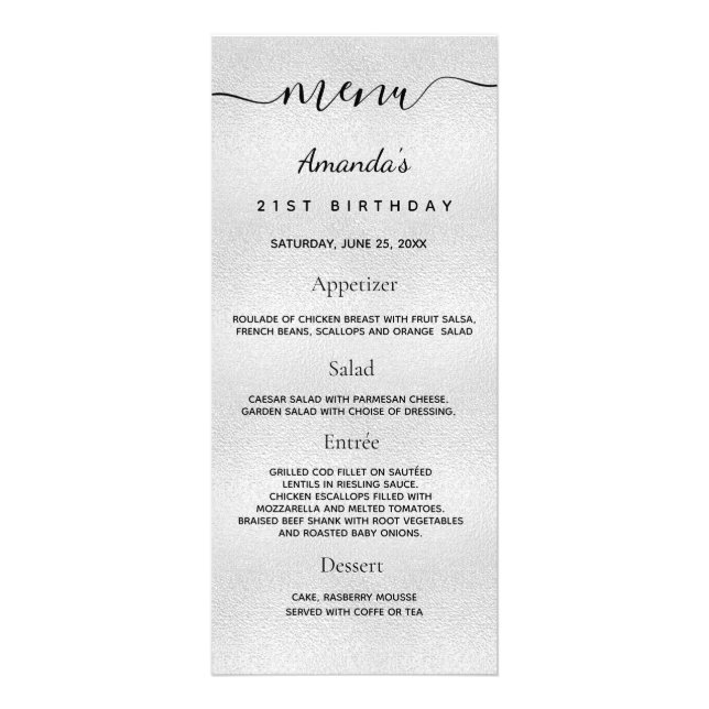 Aniversário Menu prateado Foto prateada fatos dive (Frente)