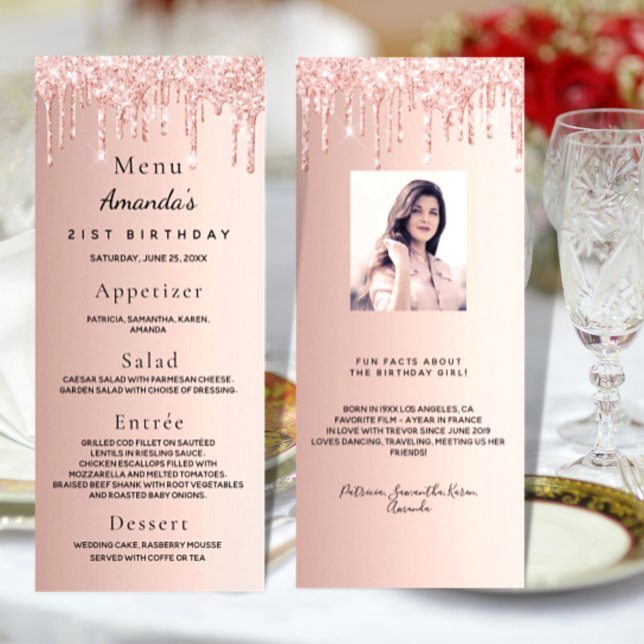 Aniversário Menu rosa dourado glitter goteja fatos (Criador carregado)