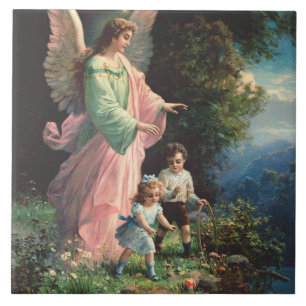 Anjo da guarda protegendo crianças perto de uma sa