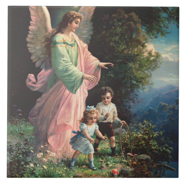 Anjo da guarda protegendo crianças perto de uma sa (Frente)