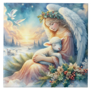 Anjo de Natal com Cordeiro em Paz Invernal