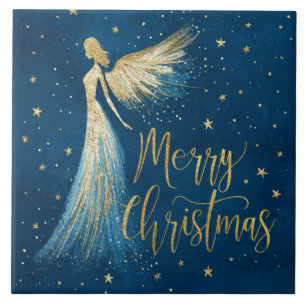 Anjo de Natal Dourado sobre Azul Estrelado