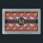 Ano-Cão Zodiac Aniversário Monograma Belt<br><div class="desc">Segure personalizável com cães azuis e amarelos em fundo vermelho escuro   marca redonda preta para Monograma na frente. Você pode facilmente alterar o monograma e adicionar texto (fonte,  cor,  tamanho e posição) clicando no botão personalizar. Perfeito para o Ano Novo Chinês do Cachorro ou aniversário (nascer pessoas no Cachorro).</div>