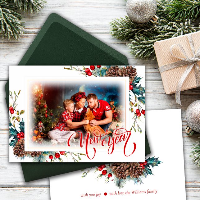 Ano Novo com ramos do Spruce Cartão de Saudação Fo (Criador carregado)