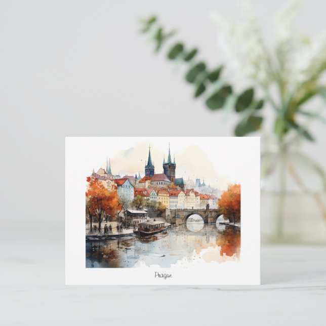 Antiga Praga em Aquarela – Cartão Postal Pintado (Em pé/Frente)