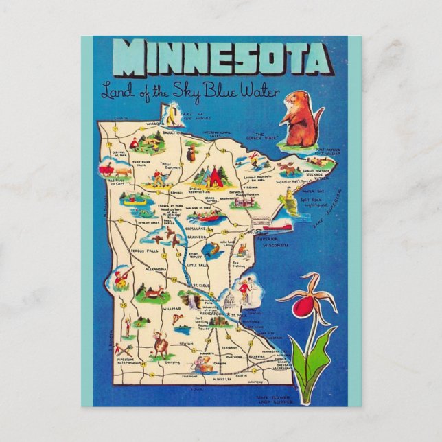 Antigo cartão postal do mapa de Minnesota (Frente)